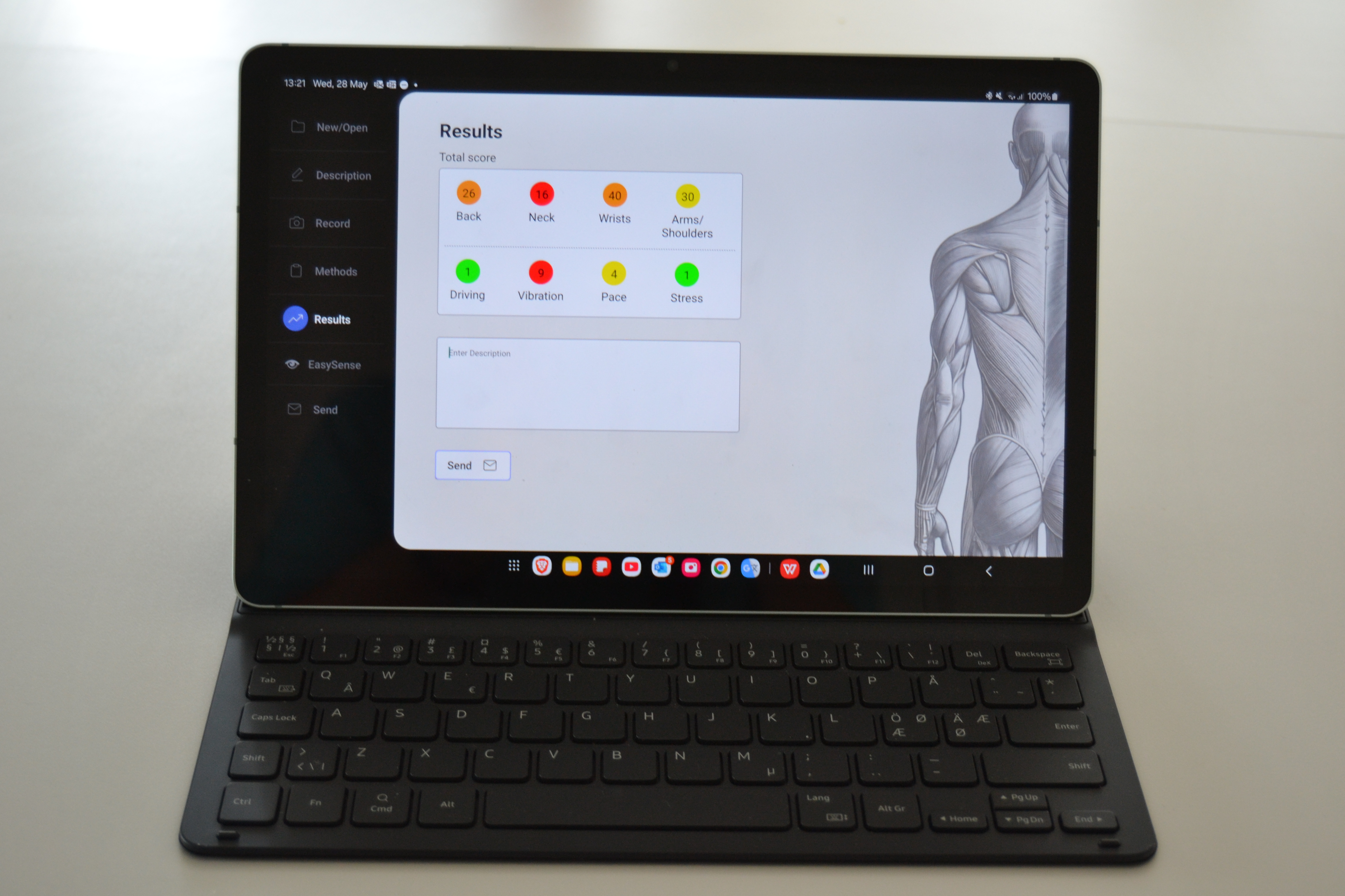 EasyErgo Android app showing Results screen on tablet